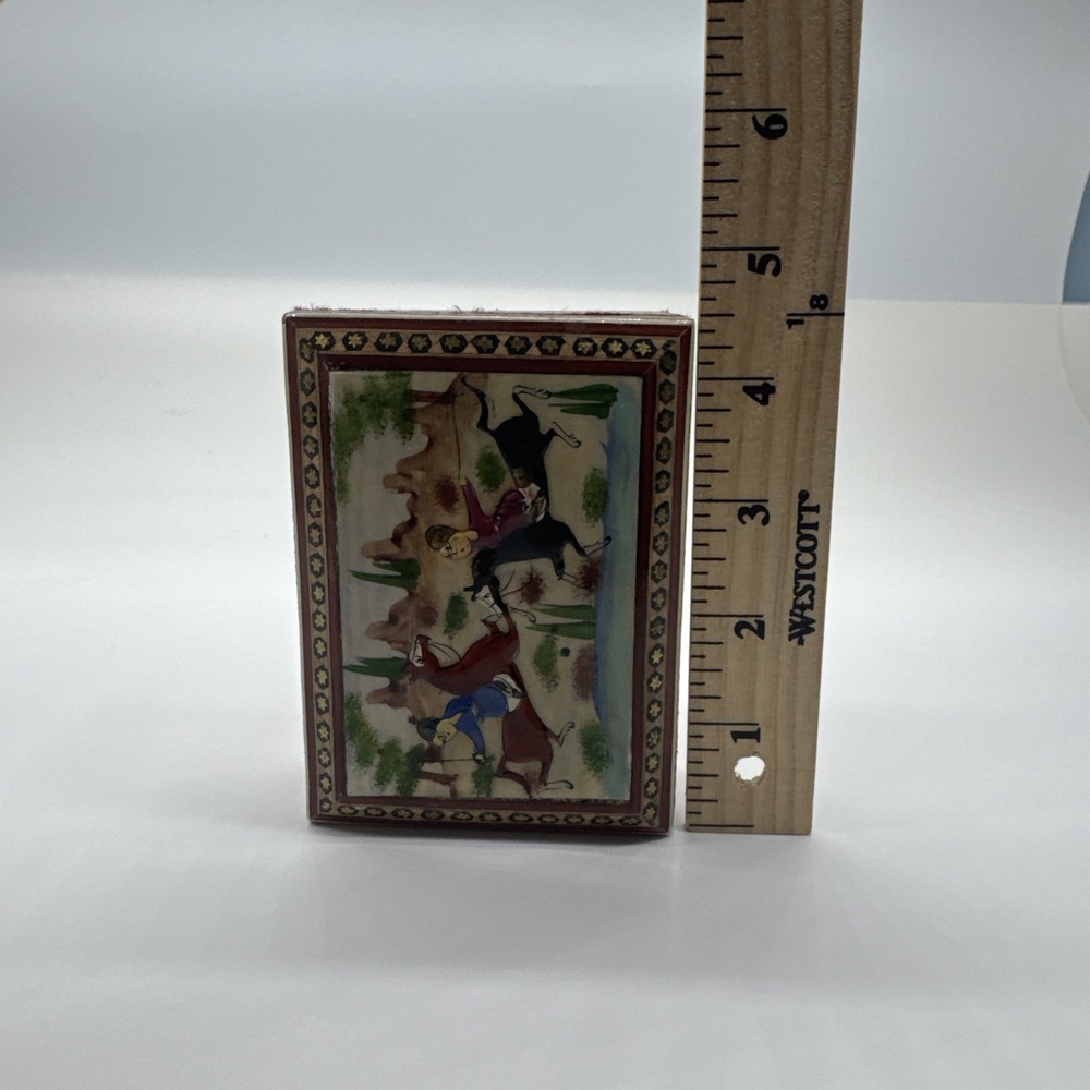 Persian‎ Khatam Wood Trinket Box Hand Made Inlaid With Hunting Scenes On Lid - Picture 11 of 16